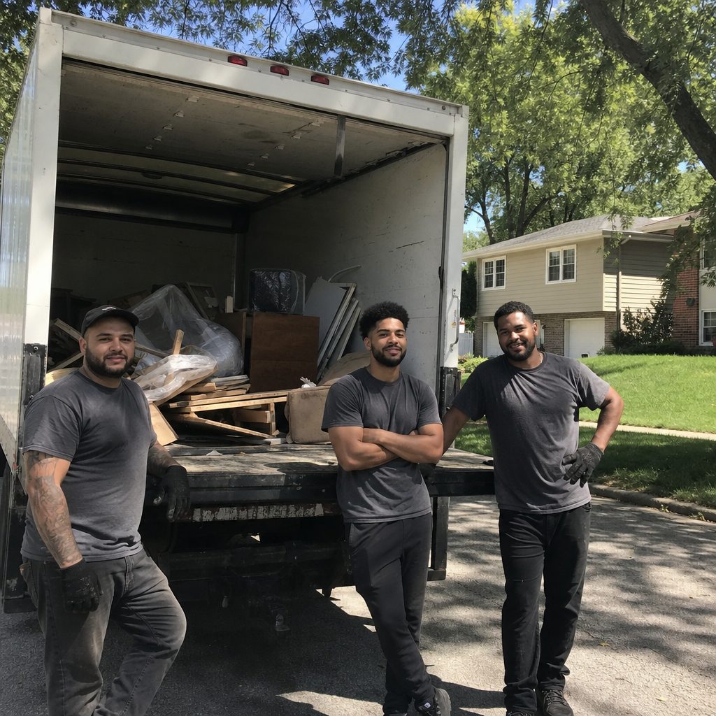 Orland Park Junk crew beside the truck after a pickup on a suburban street